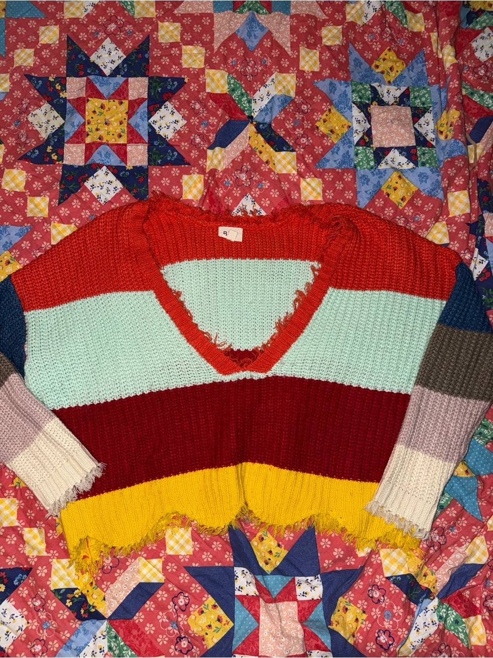 BiBi Colorblock V-Neck Cropped Sweater in Red, Mint, Burgundy, Yellow & Navy